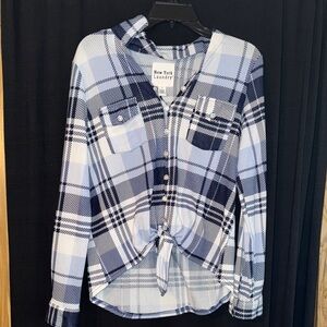 New York Laundry Blue and White Plaid Tie-Front Shirt